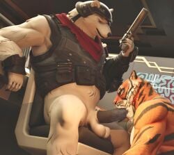 3d_(artwork) anthro armor armored_vest bear blender_(artwork) chair digital_media_(artwork) duo epic_games felid fortnite furniture gay genitals gun headgear helmet hi_res holding_object holding_ranged_weapon holding_weapon humanoid_genitalia humanoid_penis interspecies male male/male mammal musk musk_clouds office on_chair oral oscar_(fortnite) overweight overweight_male pantherine penis polar_bear polar_patroller ranged_weapon sitting sitting_on_chair sneakyphox tiger ursine weapon