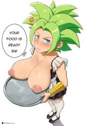 3girls absurdres bad_tag breasts caulifla dragon_ball dragon_ball_super earrings female_pervert full_body fusion highres jewelry kale_(dragon_ball) kefla_(dragon_ball) large_breasts maid miniskirt multiple_girls nipples nude pervert potara_earrings potara_fusion presenting sexually_suggestive skirt submission