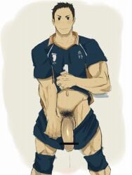 1boy foreskin haikyuu!! male_only penis presenting_penis pubic_hair pulling_down_pants smile solo sportswear waribashi