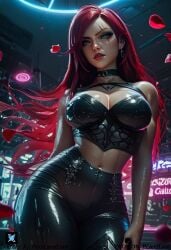 1girls ai_generated ass breasts dark-skinned_male katarina_du_couteau latex latex_gloves league_of_legends league_of_legends:_wild_rift male navel penis pornlandlord red_hair