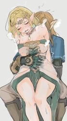 blonde_hair blush elf elf_ears elf_female hatenokatasumi heavy_breathing implied_sex link link_(tears_of_the_kingdom) miwa nipples_visible_through_clothing princess_zelda sitting_on_lap sweating tears_of_the_kingdom the_legend_of_zelda thick_hips zelda_(tears_of_the_kingdom) zonai_outfit