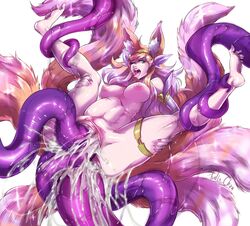 1girls ahe_gao ahri anal big_breasts blonde_hair blue_eyes bondage breasts clothing cum cum_in_ass cum_in_pussy cum_inside double_anal double_vaginal feet female large_breasts league_of_legends long_hair nipples open_mouth penetration purple_tentacles pussy quadruple_penetration restrained sex spread_legs star_guardian_ahri stomach_bulge tentacle tongue tongue_out turtlechan vaginal_penetration