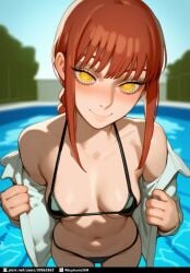 1girls ai_generated bangs bikini black_bikini blush blushed breasts breasts chainsaw_man cleavage eyes long_hair makima_(chainsaw_man) micro_bikini outdoors ponytail pool pov red_hair smiling smiling_at_viewer t-shirt thats_euphoria tummy undressing white_skinned_female yellow_eyes