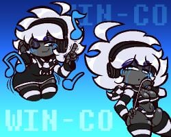 breasts comicoal female female_only headphones micotherock musical_note robot smiling suggestive tagme text thecomicoalman thighs white_hair win-co_(comicoal)