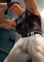 1boy abs armpit_hair armpits arms_up bara baseball_uniform beard_stubble biceps black_hair blush bulge bulge_through_clothing daddy dilf earrings gay hi_res looking_down male male_only mondi_xxx muscles muscular muscular_arms muscular_legs muscular_male muscular_thighs original original_character pecs range_(mondi_xxx) short_hair six_pack sleeveless standing steamy_breath sweat sweatdrop sweating sweaty tight_clothing