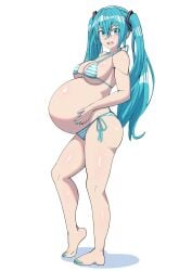 belly big_belly big_breasts bikini hatsune_miku pregnant pregnant_female ready_to_pop smile striped_bikini vocaloid yuhancyan