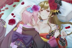 areolae blush d4dj flower in_bed inuyose_shinobu kimono on_top shroomia yamate_kyouko yuri