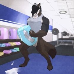 1:1 animated anthro balls bodily_fluids bottomless bugga_beau canid canine canis cheek_tuft claws clothed clothing coyote cum digitigrade dipstick_tail facial_tuft frigidmidnight genital_fluids genitals gloves_(marking) gym hi_res infinite_cum infinite_genital_fluids male male_only mammal markings masturbation multicolored_tail penetrable_sex_toy penile penile_masturbation sex_toy sexercise short_playtime solo toe_claws tuft weight_bench weights