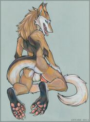 anthro anyare ass balls brown_body brown_fur erection feet forked_tongue fur genitals green_eyes kneeling looking_at_viewer looking_back looking_back_at_viewer male nivalis nude penis sergal solo tail tongue tongue_out