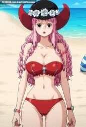 ai_generated aindroidparanoid beach big_breasts big_butt big_thighs bikini black_eyes cameltoe cleavage curvy curvy_figure cute female female_only hat large_butt massive_breasts narrow_waist navel one_piece outdoors perona pink_hair stable_diffusion strapless swimsuit tight_clothing voluptuous wavy_hair