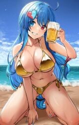 absurdres ahoge alcohol amehare_hau arm_between_breasts beach beer between_breasts bikini blue_eyes blue_hair blue_nails blue_sky breasts cleavage cloud collarbone commentary_request cup day female gold_bikini grin hair_ornament heart heart_hair_ornament heterochromia highres holding holding_cup horizon kneeling large_breasts long_hair looking_at_viewer nail_polish navel ocean outdoors red_eyes red_nails sky smile solo swimsuit tenneko_yuuri thighs toenail_polish toenails voicevox