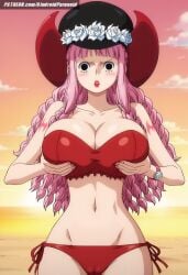 ai_generated aindroidparanoid beach big_breasts big_butt big_thighs bikini black_eyes cameltoe cleavage curvy curvy_figure cute female female_only grabbing_breasts grabbing_own_breast hat large_butt massive_breasts narrow_waist navel one_piece outdoors perona pink_hair squeezing_breast stable_diffusion strapless swimsuit tight_clothing touching_breast voluptuous wavy_hair