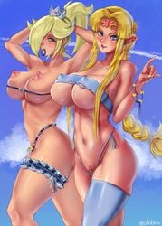 2girls a_link_between_worlds areolae blonde_hair blue_eyes crossover female_only green_eyes long_hair mario_(series) micro_bikini multiple_girls nintendo nipples pale-skinned_female pale_skin pointy_ears princess_rosalina princess_zelda rei_no_himo super_mario_galaxy super_smash_bros. the_legend_of_zelda thighhighs ultrabinou zelda_(a_link_between_worlds)