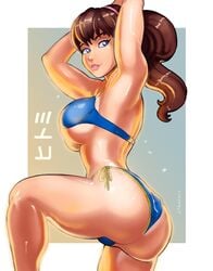 arms_above_head atmo-art bikini blue_bikini blue_eyes brown_hair bubble_butt curvaceous curvy dead_or_alive hitomi_(doa) large_ass large_breasts ponytail side-tie_panties thick_thighs voluptuous