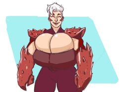 1girls barely_contained breasts breasts_bigger_than_head cleavage cleavage_overflow clothed clothed_female female female_only first-second gigantic_breasts muscular_female scorpia_(she-ra) she-ra_and_the_princesses_of_power short_hair solo white_hair