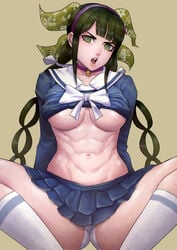 abs angry bell_choker big_breasts breasts chabashira_tenko cirenk danganronpa danganronpa_v3 female green_eyes green_hair hairband hairbow long_hair looking_at_viewer new_danganronpa_v3 no_bra open_mouth panties shirt_lift skirt socks solo_female straight_hair thighs underboob underwear uniform white_panties white_socks