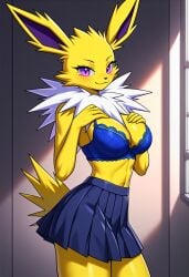 ai_generated big_breasts blue_bra blue_skirt breasts cleavage eeveelution female female_focus female_only furry jolteon kemonogirls large_breasts nintendo pleated_skirt pokemon pokemon_(species) purple_eyes school_uniform solo two_tone_body two_tone_fur white_fur yellow_fur