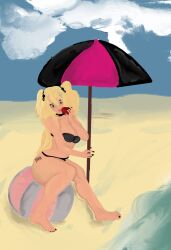 beach beach_ball beach_towel beach_umbrella black_panties black_toenails bra breasts choker cleavage death_note eating feet feet_fetish female female_only foot_fetish misa_amane ocean thick_thighs thighs