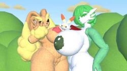 1boy 2girls 2girls1boy 3d artist_request big_boobs big_breasts gardevoir huge_boobs huge_breasts lopunny lowres pokemon pokemon_(species) rec_room scorbunny sexy source_request