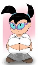 1girls aged_up alternate_breast_size big_breasts color colored female female_focus female_only girl glowing_eyes imminent_paizuri implied_paizuri knees_bent nickelodeon no_sex paizuri_invitation presenting_breasts skirt solo solo_female the_fairly_oddparents tootie twintails unknown_artist