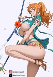 ai_generated blush blushing_at_viewer breasts busty busty_female earings earrings female female_only goddessoflunami high_heels hips large_breasts long_hair looking_at_viewer nami nami_(one_piece) navel no_background one_leg_up one_piece pose posing seductive seductive_body seductive_pose sexy sexy_pose smile smiling_at_viewer solo solo_female solo_focus standing tagme tagme_(artist) tattoo tied_hair tights underboob young