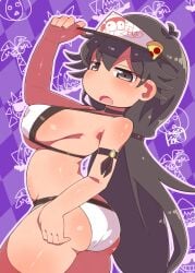 1girls argyle_background arm_up ass bikini black_choker black_eyes black_hair breasts choker clothed_female covered_erect_nipples female food-themed_hair_ornament hair_between_eyes hair_ornament hat katamari_dragon large_breasts long_hair looking_at_viewer looking_to_the_side open_mouth peppina_and_the_magical_tower_of_pizza peppina_ramen_(ketartdragon) pizza_hair_ornament pizza_tower plump purple_background solo standing sweat swimsuit swimwear very_long_hair visor_cap white_background white_hat