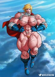 blonde_hair blonde_pubic_hair blue_eyes buff clitoris dc dc_comics extreme_muscles female_only hyper_muscles karen_starr muscle-fan-comics muscles muscular_female nude_female power_girl sky smiling tagme torn_clothing vagina veins