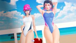 2girls 3d antifragile_dazzle antifragile_kira-kira arms_behind_head beach beanie brown_eyes choker competition_swimsuit d.va female female_only hana_song hat headphones kiriko_(overwatch) kiriko_kamori koikatsu koikatsu! le_sserafim multicolored_hair one-piece_swimsuit overwatch overwatch_2 pink_hair purple_hair short_hair smiling_at_partner swimsuit