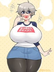 1girls 8owties big_breasts black_leggings blue_eyes blush female grey_hair huge_breasts large_breasts leggings pale-skinned_female pale_skin short_hair thick_thighs thighs uzaki-chan_wa_asobitai! uzaki_hana wide_hips