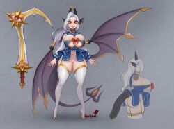 bat_wings big_breasts big_thighs bow character_sheet demon_tail evil_eyes garter_belt garter_straps horns huge_breasts huge_thighs light_skin lips lipstick logo long_hair no_text orange_eyes original_character red_bow smile squallpion stockings sword tail two_tone_eyes white_hair white_panties white_skin wing_ears wings