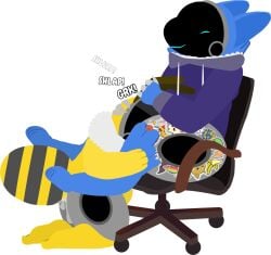 antennae_(anatomy) antennae_grab anthro arthropod bee bodily_fluids chair duo fellatio female furniture genital_fluids hi_res honeypot_(tf2_demo_2004) hymenopteran insects machine male male/female office_chair onomatopoeia oral penile protogen sex solo sound_effects stickerboard_(tf2_demo_2004) text tf2_demo_2004 vaginal_fluids