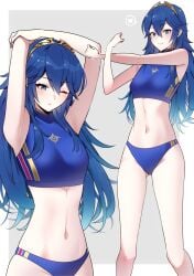 1girls ameno_(a_meno0) bikini blue_bikini blue_eyes blue_hair blue_swimsuit brand_of_the_exalt female female_only fire_emblem fire_emblem_awakening heart long_hair lucina_(fire_emblem) nintendo one_eye_closed small_breasts solo solo_female stretching swimsuit symbol-shaped_pupils tiara