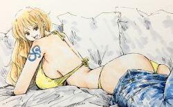 ass bikini female female_only jeans large_breasts lying_on_stomach nami nami_(one_piece) one_piece pants puipui tagme