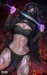 armband black_hair blue_eyes cleavage heterochromia hibren hood large_breasts loincloth red_eyes sword warrior