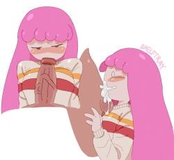 adventure_time balls blowjob blush blushing cartoon_network clothed clothing cum cum_in_mouth deepthroat fellatio just_the_tip pink_hair princess_bubblegum shelftray sweater