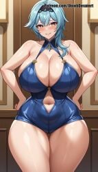 1girls ai_generated ass_visible_through_thighs bangs bare_shoulders blue_hair blush breasts center_opening cleavage collarbone curvy eula_(genshin_impact) genshin_impact grin hairband hands_on_hips huge_breasts looking_at_viewer medium_hair mole mole_on_breast navel plump purple_eyes smile solo thick_thighs thighs wide_hips yellow_eyes