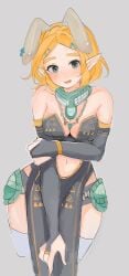 blonde_hair blush bunny_ears bunny_girl cute elf elf_ears elf_female hatenokatasumi miwa posing princess_zelda tears_of_the_kingdom the_legend_of_zelda thick_thighs wide_hips zelda_(tears_of_the_kingdom) zonai_outfit