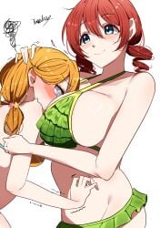 2girls @_@ absurdres aqua_eyes between_breasts bikini blush breast_envy breast_smother breasts brown_hair collarbone drill_hair emma_verde face_between_breasts face_to_breasts freckles green_bikini hair_between_eyes head_between_breasts highres hug huge_breasts long_hair love_live! love_live!_nijigasaki_high_school_idol_club love_live!_superstar!! medium_breasts multiple_girls orange_bikini shibuya_kanon simple_background smile swimsuit tarakon trembling twin_drills white_background yuri