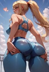 1girls ai_generated ass ass_focus ass_grab back blonde_hair blush cameltoe creamual dat_ass female female_only from_below grabbing_own_ass heart large_breasts looking_at_viewer looking_back nintendo oiled_skin samus_aran thick_thighs tight_clothing tights