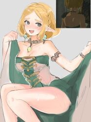 blonde_hair blush elf elf_ears elf_female embarrassed hatenokatasumi heart-shaped_pupils lifting_skirt miwa princess_zelda tears_of_the_kingdom the_legend_of_zelda thick_thighs zelda_(tears_of_the_kingdom) zonai_outfit