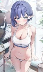 aoi_(blue_archive) bare_shoulders blue_archive blue_eyes blue_hair blush breasts cleavage collarbone earclip female halo highres houraku looking_at_viewer medium_breasts mole mole_under_eye navel open_mouth panties panty_pull pointy_ears short_hair solo sports_bra thighs underwear white_panties white_sports_bra