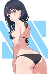 1girls ass back bikini black_bikini black_hair blue_eyes blush breasts butt_crack closed_mouth dimples_of_venus female from_behind gridman_universe highres kamidan looking_at_viewer looking_back medium_breasts shoulder_blades sideboob small_breasts solo ssss.gridman swimsuit takarada_rikka thighs