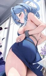 ako_(blue_archive) ako_(dress)_(blue_archive) ass bare_shoulders blue_archive blue_dress blue_eyes blue_hair blush breasts dress female halo highres hina_(blue_archive) hina_(dress)_(blue_archive) houraku large_breasts looking_at_viewer looking_back medium_hair official_alternate_costume pantylines sideboob solo