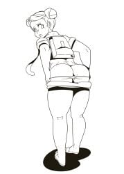 1girls ass ass_focus backpack black_and_white bubble_ass bubble_butt female female_only hair_buns human juliana_(pokemon) mole_on_ass mole_under_eye monochrome original_character panties panties_down pokemon pokemon_sv rex_reyes school_uniform schoolgirl shorts shorts_pull solo tagme thick_thighs thighs tie