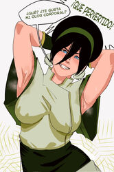 1girls @onitraducciones akumanankin armpit_stubble armpits avatar_the_last_airbender body_odor clothing female medium_breasts solo spanish_text straight_hair toph_bei_fong translated