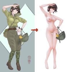 absurdres armpits bag banana between_breasts breasts brown_eyes brown_hair censored clothes_on/clothes_off collared_shirt combat_helmet commentary_request completely_nude female food fruit green_background green_hat green_helmet green_pants green_shirt grin hat helmet highres jie_tou_deng_shan_ke light_blush medium_breasts military mosaic_censoring navel nipples nude pants pussy redrawn salute shirt short_hair shoulder_bag sleeves_rolled_up smile star_(symbol) strap_between_breasts uniform watch wristwatch