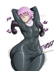 androgynous censored censored_penis cock crona_(soul_eater) dick disgusted feminine_male no_underwear penis pink_hair rubbing_penis rubbing_penis_on_body soul_eater thick_thighs thighs tight_clothes tight_clothing