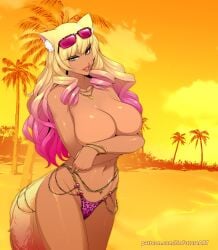 1girls beach big_breasts bikini blonde_hair breasts covering_breasts dark-skinned_female dark_skin eyelashes fate/grand_order fate_(series) female female_only fox_ears fox_girl fox_tail gyaru hi_res leopard_print_bikini long_hair looking_at_viewer narrowed_eyes nofuture pink_hair smiling smiling_at_viewer solo sunglasses_on_head suzuka_gozen_(fate) suzuka_gozen_(swimsuit_rider)_(fate) tail topless two_tone_hair yellow_eyes