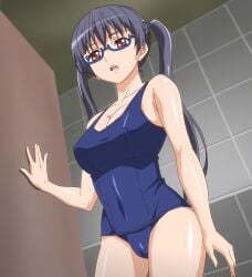 1girls big_breasts black_hair breasts busty cameltoe cleavage covered_navel eroge!_h_mo_game_mo_kaihatsu_zanmai female female_only glasses highres kosaka_iori large_breasts legs looking_at_viewer one-piece_swimsuit open_mouth school_swimsuit semi-rimless_eyewear sensual solo stitched swimsuit thighs third-party_edit twintails under-rim_eyewear voluptuous