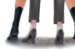 2girls black_socks dark-skinned_female dark_skin grey_pants gundam gundam_suisei_no_majo high_heels implied_sex miorine_rembran mitsu_(tendou_itsuki) multiple_girls pants pussy_juice pussy_juice_puddle sex sex_from_behind simple_background socks suletta_mercury trembling trembling_legs white_background yuri